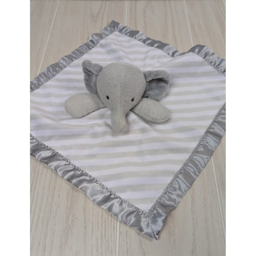 Cloud Island Elephant Security Blanket Gray White Striped Satin Trim Baby Lovey
